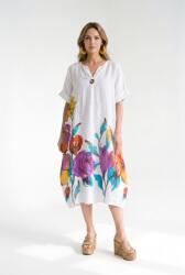 SHOPIKA Rochie midi din in cu imprimeu floral colorat si croi balon, alba Talie unica