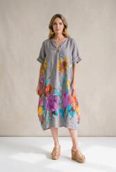 SHOPIKA Rochie midi din in cu imprimeu floral colorat si croi balon, bej inchis Talie unica