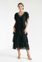 SHOPIKA Rochie lunga din matase cu volane suprapuse asimetrice si paiete fine la decolteu, neagra Talie unica