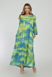 SHOPIKA Rochie maxi, A-line, din in, cu guler amplu, cu imprimeu boem tie-dye galben-turcoaz Talie unica