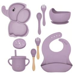 Flippy Set 10 Piese Servire Masa. Flippy, pentru Bebelusi si Copii, din Silicon/Lemn, cu Ventuze Anti-alunecare, fara Alergeni. +6 Luni, Model Elefant, Mov (126741) Set pentru masa bebelusi