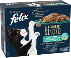 FELIX Deliciously Sliced Halas Válogatás Gabonamentes Nedves Macskaeledel Aszpikban (Lazac, Tonhal, Tőkehal, Lepényhal) - 12x80 g