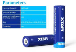 XTAR Акумулаторна батерия XTAR за фенери 18650 със защита , 3600mAh, Li-ion (XTAR-BL-CR18650-3600PCM) - smartx