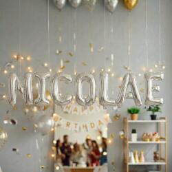 Flippy Baloane Folie Metalizate, Flippy, Set NICOLAE, Heliu sau Aer, Pai inclus, 40 cm, Argintiu (177459)