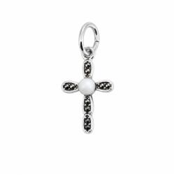 Flippy Pandantiv din Argint 925, Model Cruce, Decor cu Pietre Negre si Element Central Alb, Greutate 0.6 g, Argintiu (06000)