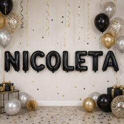 Flippy Baloane Folie Metalizate, Flippy, Set NICOLETA, Heliu sau Aer, Pai inclus, 40 cm, Negru (177613)
