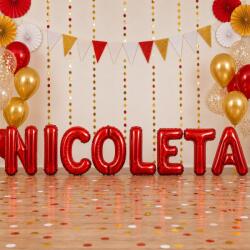 Flippy Baloane Folie Metalizate, Flippy, Set NICOLETA, Heliu sau Aer, Pai inclus, 40 cm, Rosu (177638)