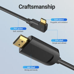Vention USB-C - HDMI, 1, 5 м, (с дясно закрепване, черен), кабел