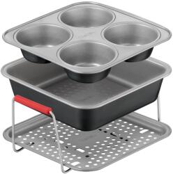 Tefal Set de 3 accesorii Tefal Dail'Easy J701S344 pentru friteuze de 4.6 L, invelis antiaderent, otel carbon, tava perforata cu manere si 2 forme, negru & gri (J701S344)