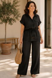 Shopika Compleu din vascoza cu pantaloni palazzo si bluza cu cordon, negru Talie unica