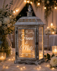 Deconline Crafts Prémium Lámpás egyedi nevekkel esküvőre, vintage fa, fém, üveg 49 cm fehér, szürke (206127-Wedding)