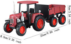  Macheta Tractor rosu cu remorca metalica Die-Cast, capota mobila scara 1/24