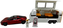  Macheta metal Tesla Roadster rosie cu rulota si figurina, scara 1: 24, lumini si sunete
