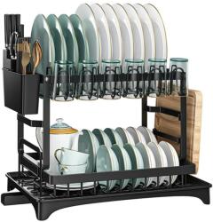 MACVI Macvi® emeletes edényszárító, 2 szintes, evőeszköz- és pohártartóval, csepegtetőtálca, strapabíró fém, 42x30x29 cm, fekete (MCV-2111)