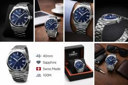  Férfi óra Tissot Gentleman Quartz T127.410. 11.041. 00, kvarcműszer, 40 mm, rozsdamentes acél, fém szíj, kék számlappal