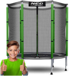 Neo-Sport Kerti trambulin, Neo-Sport, fekete/zöld, átmérő: 140 cm, kerek, magasság: 36 cm, 150 cm külső védőháló, acél váz, 6 láb, 50 kg teherbírás, 30 db rögzítőhorog (TENS-04Z240F)