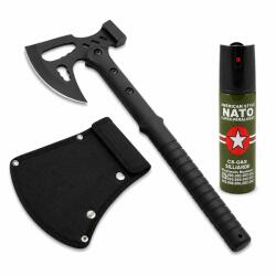 Depox Set topor si spray autoaparare DEPOX®, otel inoxidabil, negru, 42 cm/60 ml, teaca inclusa (1389)