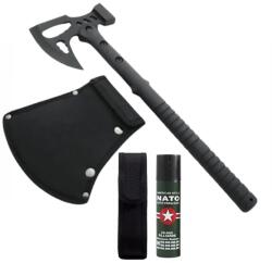 Depox Set topor si spray paralizant autoaparare DEPOX®, otel inoxidabil, negru, 42 cm/120 ml, teaca inclusa (1390)