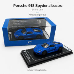 KINSMART Macheta Porsche 918 Spyder albastru, scara 1: 64, Kinsmart, Hypercar League Collection, vitrina plexiglas (2912)