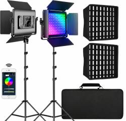 GVM Panou video GVM RGB cu Softbox, Set 2 x LED 45W, 15000 Lux 0.5 m, CRI97+, 3200K-5600K, Control prin aplicatie, 2 stative, geanta transport