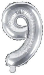 Party Deco Фолиев Балон Цифра, Сребърно - 35см - 9 (fb10m-9-018)