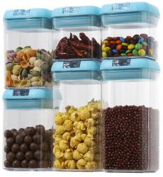 Flippy Set 6 Cutii de Depozitare Alimente, Flippy, 2 x 500ml, 2 x 800ml, 2 x 1200ml, Capac Albastru, din PP+PET, Inchidere Ermetica, Transparent (134636)