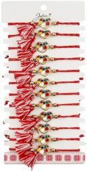 Jolie Martisor Bratara cu Ciucure pentru Dama, Jolie, Model Inimi Colorate, Set 12 bucati, Pandativ din Inox, Snur Reglabil, Rosu/Alb (128056)