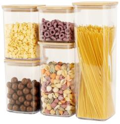 Flippy Cutii de Depozitare Alimente, Flippy, Set din 5 Cutii de tip Container, Cutii pentru Cereale, din Plastic, Capac din Bambuc, 1pc 0.5 l. 2pc 0.8 l, 2pc 1.2 l, 1pc 1.9 l, Transparente (134573)