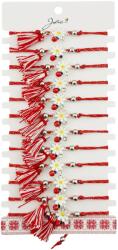 Jolie Martisor Bratara cu Ciucure pentru Dama, Jolie, Model Margareta cu Buburuza, Set 12 bucati, Pandativ din Inox, Snur Reglabil, Rosu/Alb (128062)