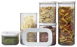 Flippy Set 5 Cutii de Depozitare Alimente, Flippy, Capac Alb, din ABS+Silicon, 23 x 15 x 27 cm, Transparent (134612)