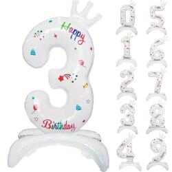 Flippy Balon din Folie Metalizata, Flippy, Figurina Cifra, Model 3 cu Happy Birthday Scris, Tema Aniversare 81 cm, Ambalaj Individual, Pai Inclus, Umflare cu Aer sau Heliu, Alb (133939)