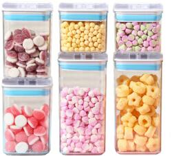 Flippy Cutii de Depozitare Alimente, Flippy, Set din 6 Cutii de tip Container, 2x0.5 l, 2x0.8 l, 2x1.2 l, Recipiente pentru Cereale in Bucatarie, Transparente cu Capac Albastru-Alb (134629)