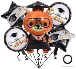Flippy Baloane cu tematica Absolvire, Flippy, set din 5 baloane, 1 Figurina Ursulet, 2 stele, 2 rotunde, din folie de aluminiu, 70 x 40 cm, Aer si Heliu, Alb Negru (129889)