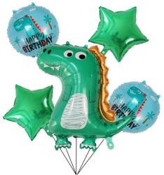 Flippy Set 5 Baloane folie de aluminiu, Flippy, Figurina Dinozaur, pentru aniversare HAPYY BIRTHDAY, Stelute Verzi si Baloane Albastre, 50 - 70 cm (129708)