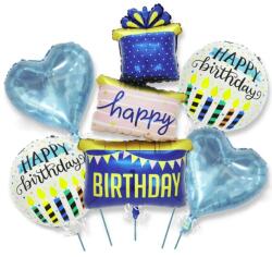 Flippy Baloane pentru aniversare, Flippy, tematica Happy Birthday, set 5 baloane, 1 Cadouri, 2 inimi, 2 rotunde, din folie de aluminiu, pai de carton inclus, 60 x 124 cm Albastru (129921)