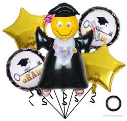 Flippy Baloane cu tematica Absolvire, Flippy, set din 5 baloane, 1 Figurina Absolventa, 2 stele, 2 rotunde, din folie de aluminiu, 70 x 40 cm, Aer si Heliu, Auriu Negru (129890)