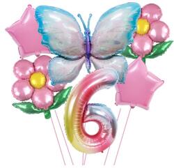 Flippy Set baloane aniversare cu numere, din folie de aluminiu, 6 piese, 2 flori, 2 stelute, 1 fluture, 1 cifra, Multicolor, Cifra 6 (129915)