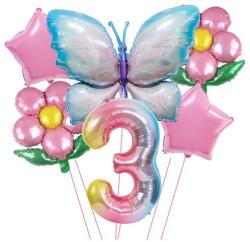 Flippy Set baloane aniversare cu numere, din folie de aluminiu, 6 piese, 2 flori, 2 stelute, 1 fluture, 1 cifra, Multicolor, Cifra 3 (129912)