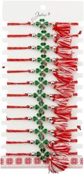 Jolie Martisor Bratara cu Ciucure pentru Dama, Jolie, Model Trifoi Verde cu Buburuza, Set 12 bucati, Pandativ din Inox cu Piatra, Snur Reglabil, Rosu/Alb (128076)