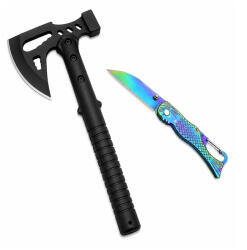 Depox Set topor si briceag metalic DEPOX®, otel inoxidabil, negru/multicolor, 42 cm/15 cm, teaca inclusa (1394)