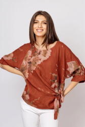 SHOPIKA Bluza din in cu imprimeu floral watercolor si prindere laterala, fond caramiziu Talie unica