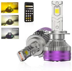 AutoREY Set 2 Becuri Auto H7 LED CSP 160W 3000K 4300K 6500K Galben-Alb Reglabil Din Aplicatie, 16000LM Canbus, Fara Eroare de Bec Ars, cu Ventilator pentru Racire AutoREY® Premium (AR-5)