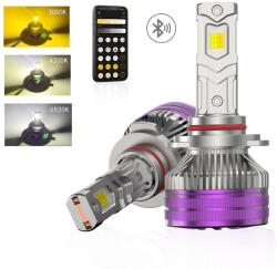 AutoREY Set 2 Becuri Auto HB4 9006 LED CSP 160W 3000K 4300K 6500K Galben-Alb Reglabil Din Aplicatie, 16000LM Canbus, Fara Eroare de Bec Ars, cu Ventilator pentru Racire (AR-26)