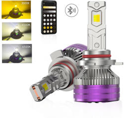 AutoREY Set 2 Becuri Auto HIR2 9012 LED CSP 160W 3000K 4300K 6500K Galben-Alb Reglabil Din Aplicatie, 16000LM Canbus, Fara Eroare de Bec Ars, cu Ventilator pentru Racire AutoREY® Premium (AR-40)