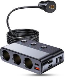 Autorey Adaptor Priza Auto 7 in 1 cu Display LED, 3 x USB Q. C 3.0 si port USB-C 127W cu Voltmetru Incorporat, AutoREY®, cu 3 prize pentru bricheta masinii (AI13-39)