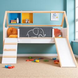 Ginger Home Детско Легло Къщичка ginger home, Монтесори, Двуетажно, Пързалка, Черна Дъска, Подматрачна Рамка 90х200 см (srk-20) - bebetabg