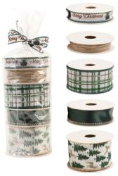 Flippy Panglica Decorativa cu Tematica de Craciun, Flippy, Set din 4 bucat + 1 Rulon Ata Maro, Panglica pentru Cadou de Craciun Brad si Decor, 2 M per bucata, Model Brad, Alb Verde (161846)