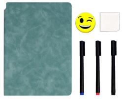 Flippy Set Agenda A5 Reutilizabila cu Pagini Tip Tabla, Agenda Pagini Albe cu Stergere Uscata, 3 Markere, 1 Burete și 1 Laveta de sters, Portabila, 24 x 16.5 cm, Coperta Piele, Verde (126441)