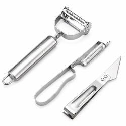 Flippy Accesorii de Curatat Decojit Fructe Legume, Flippy, Set 3 Piese, Feliator Cutit Decojitor, Legume si Fructe, din Otel Inoxidabil, cu Maner, Argintiu (132145)