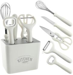 Flippy Set 6 ustensile bucatarie Flippy, cu suport inclus, desfacator, curatator legume, foarfeca, cutit, tel, ABS si inox, alb (125005)
